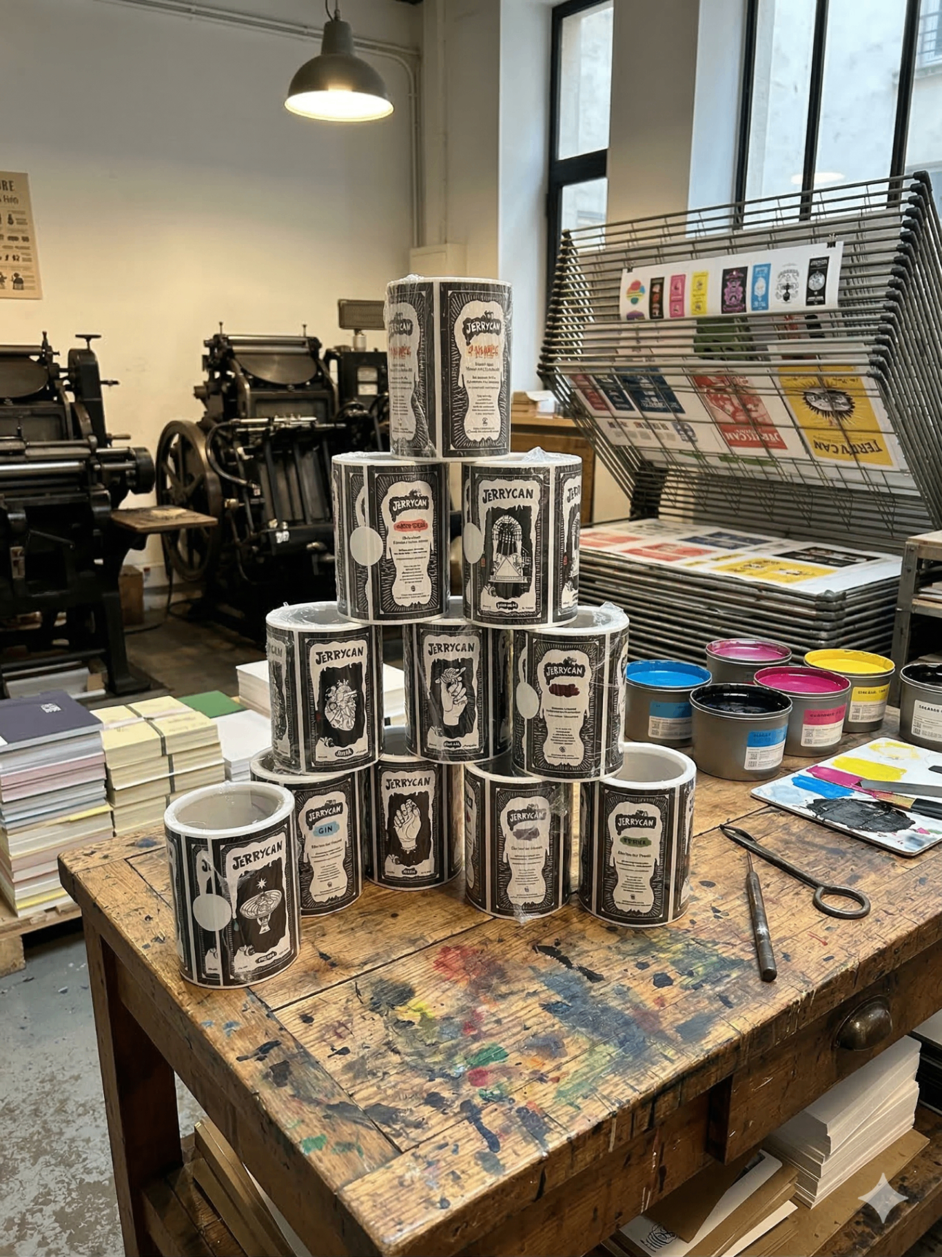 Pyramide de rouleaux d'étiquettes Jerrycan dans l'atelier d'impression, entourée de presses et d'encres. - réalisé par Agence Kulte