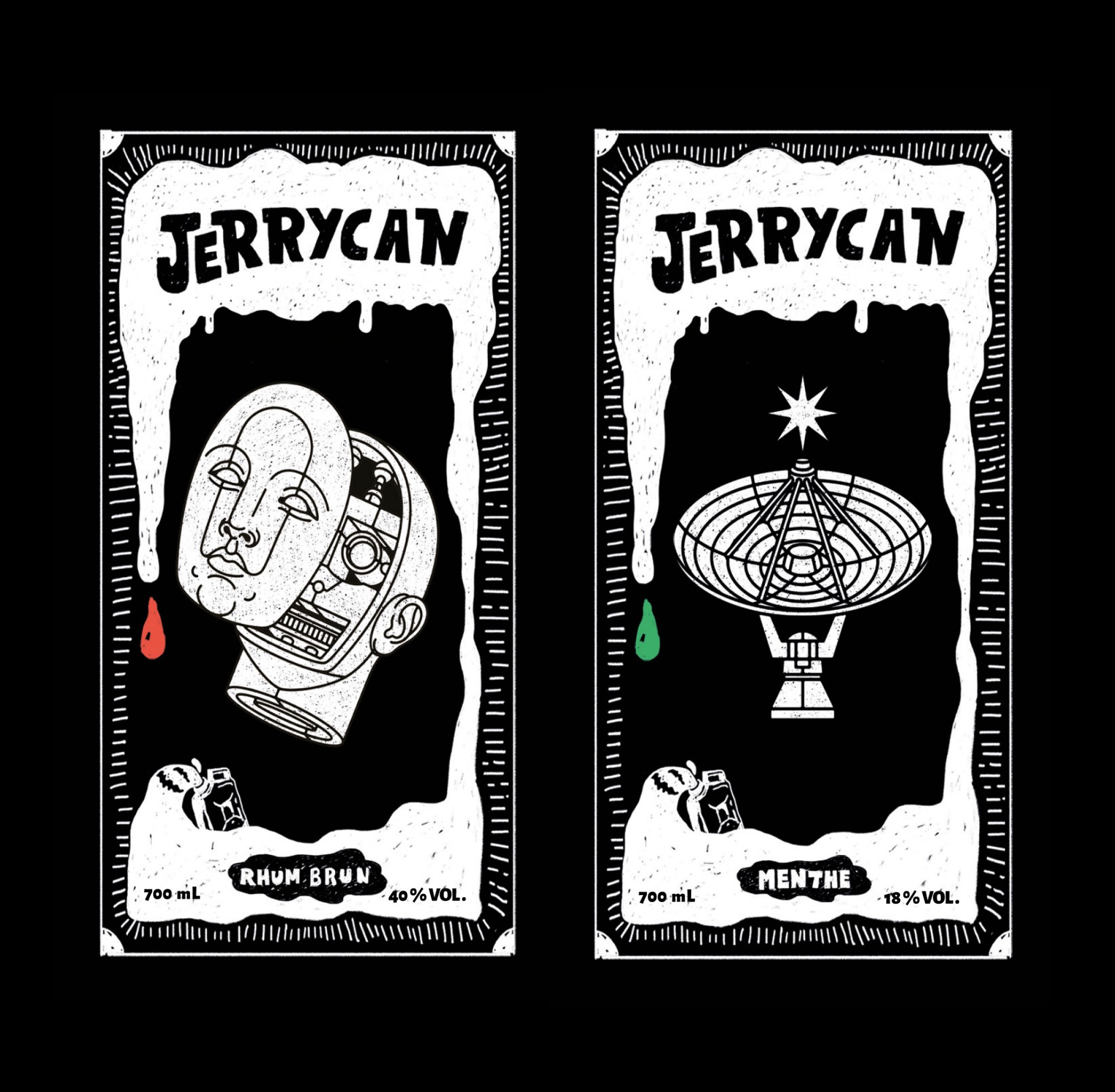 Deux illustrations originales des étiquettes Jerrycan (Rhum Brun et Menthe) sur fond noir, style gravure artisanale. - réalisé par Agence Kulte
