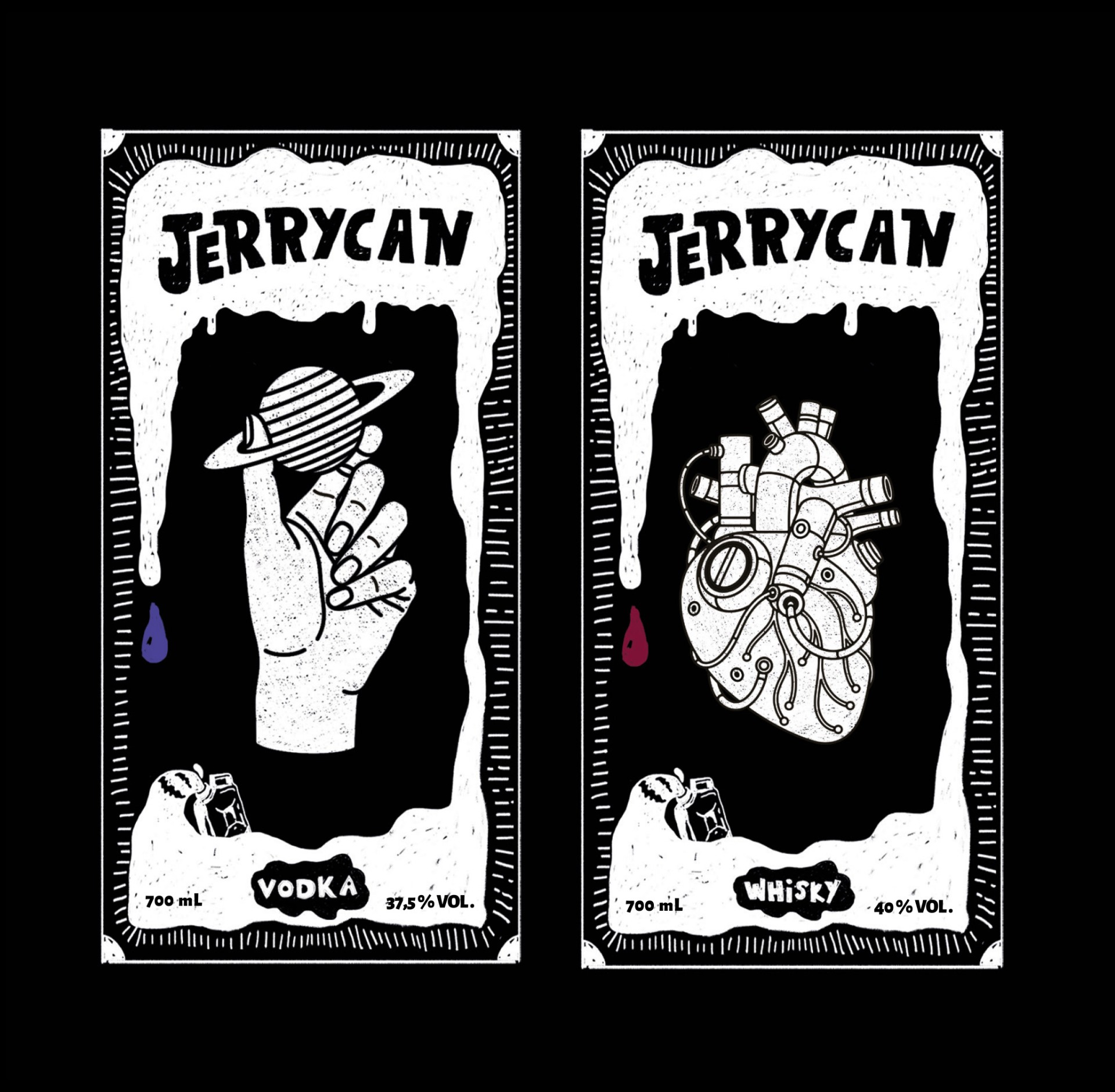 Illustrations originales des étiquettes Jerrycan (Vodka et Whisky) sur fond noir, style linogravure punk. - réalisé par Agence Kulte