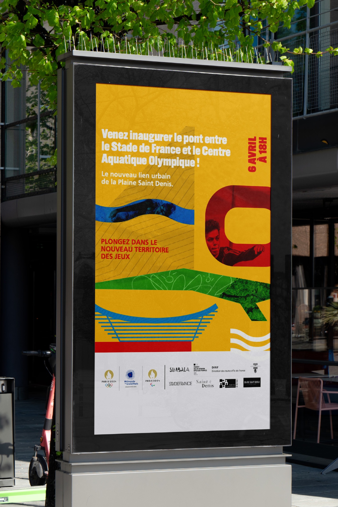 Affiche de l'événement d'inauguration du pont entre le Stade de France et le CAO, premier label Olympiade Culturelle. - réalisé par Agence Kulte